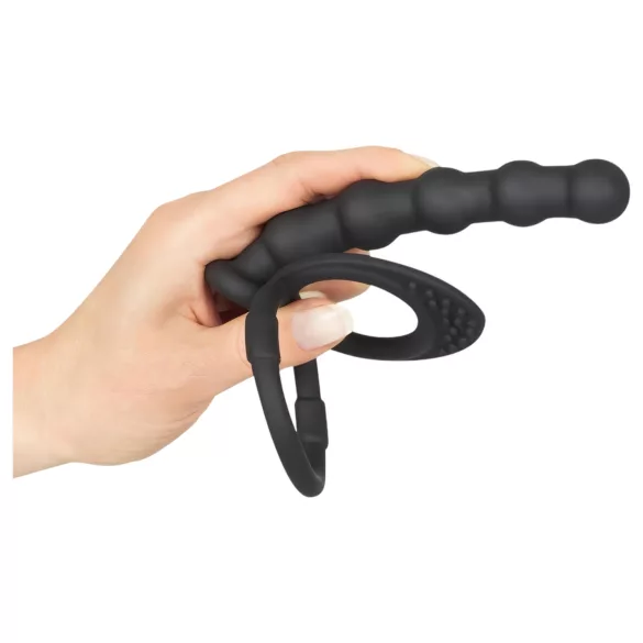 Crni Velvet - analni dildo sa prstenom za penis i muda (crni)