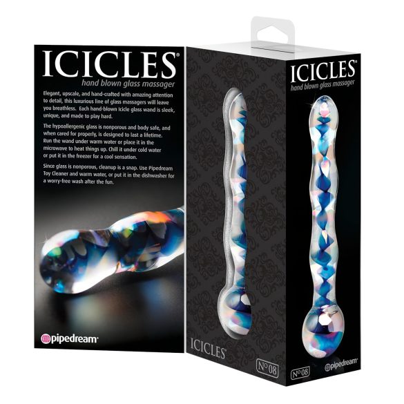 Icicles No. 08 - talas, dvostran, stakleni dildo (prozirno-plavi)