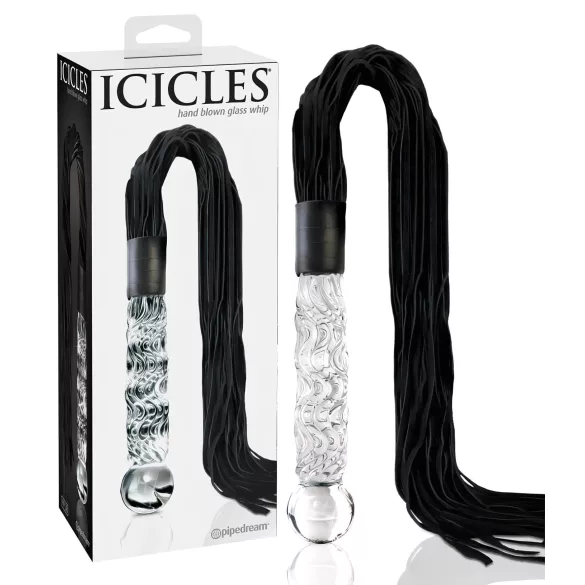 Icicles No. 38 - kožni bič i stakleni dildo (providno-crni)