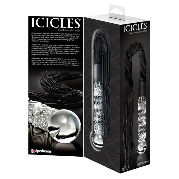 Icicles No. 38 - kožni bič i stakleni dildo (providno-crni)