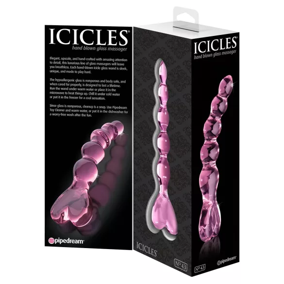 Icicles No. 43 - stakleni dildo sa perlicama i srcima (roze)