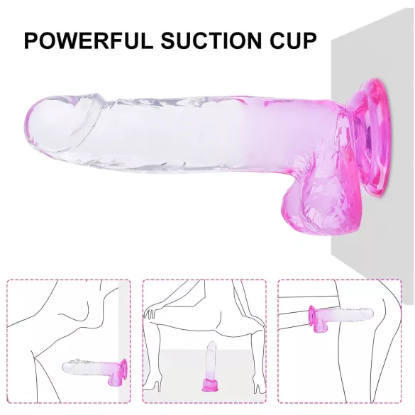 Sunfo - Dildo sa vakumskim postoljem i testisima - 22cm (prozirno-ljubičasta)