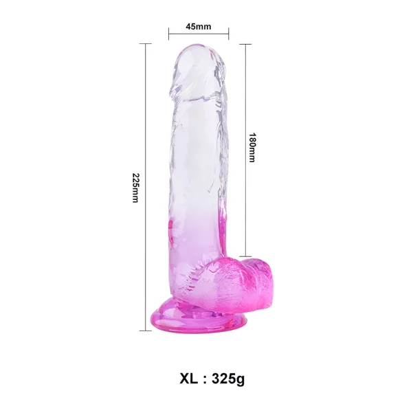 Sunfo - Dildo sa vakumskim postoljem i testisima - 22cm (prozirno-ljubičasta)