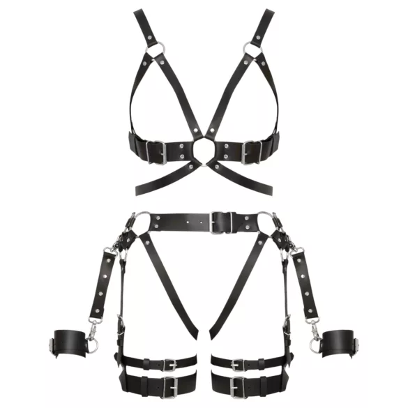 ZADO - višedelni kožni harness set sa lisicama - crni (S-M)