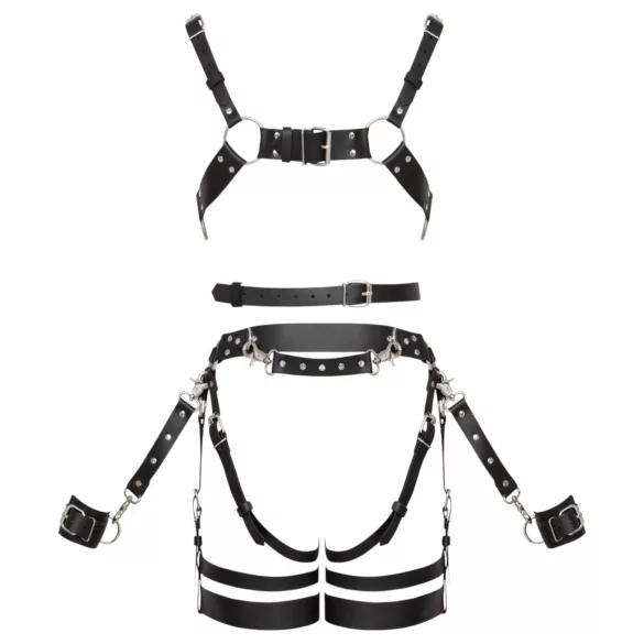 ZADO - višedelni kožni harness set sa lisicama - crni (S-M)