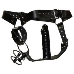 ZADO - Kožne tangice s dildom, 3 prstena za penis