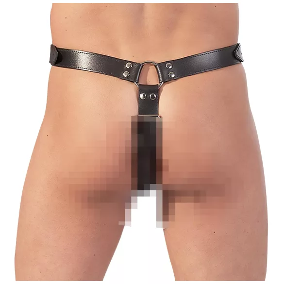 ZADO - Kožne tangice s dildom, 3 prstena za penis - L/XL