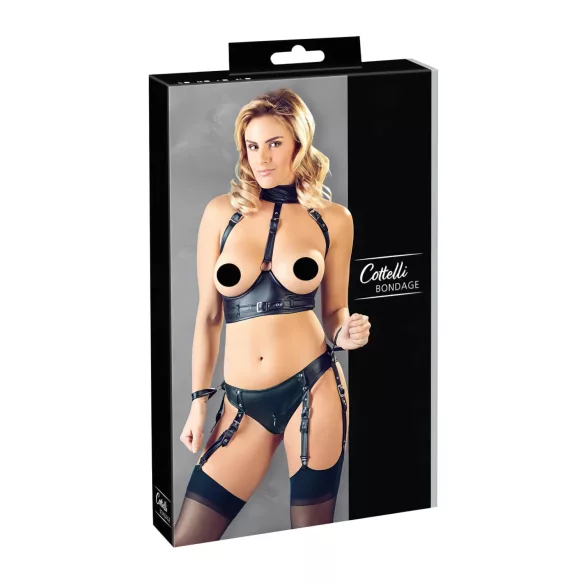 Cottelli Bondage - sjajni set sa podizačem grudi i lisicama (crni) - XL