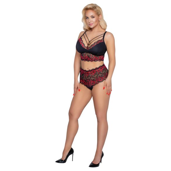 Cottelli Curvies - cvetni čipkani donji veš komplet (crni)