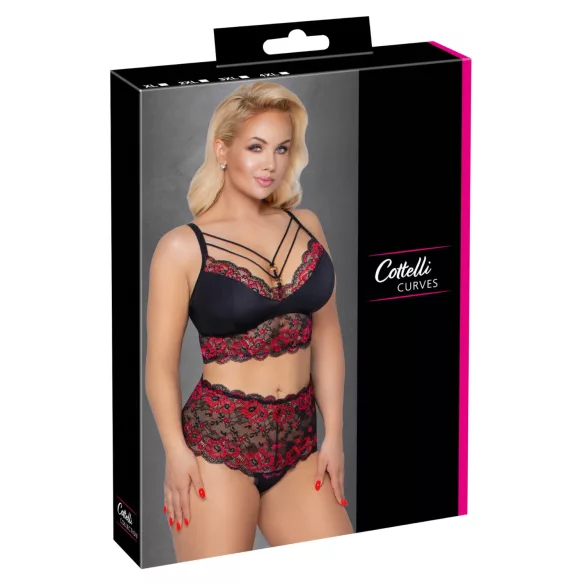 Cottelli Curvies - cvetni čipkani donji veš komplet (crni) - 2XL