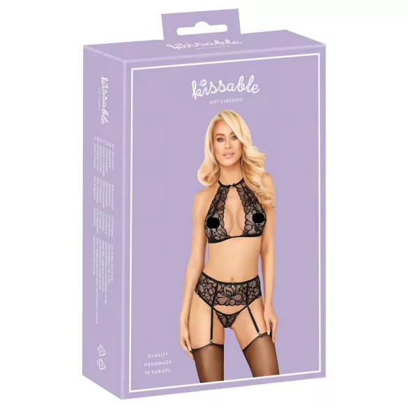 Poljubivi - čipkasti grudnjak s ogrlicom (crni) - L/XL