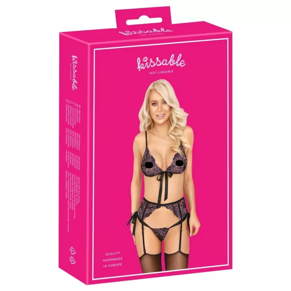 Poljubivi - roze-ljubičasti vezeni grudnjak set (crno)