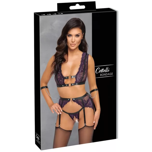 Cottelli Bondage - set donjeg veša i lisice (crna-ljubičasta) - XL