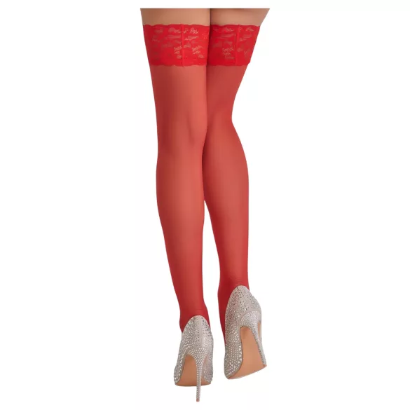 Cottelli - čipkaste, cvetne čarape do butina (crvene) - 5/XL