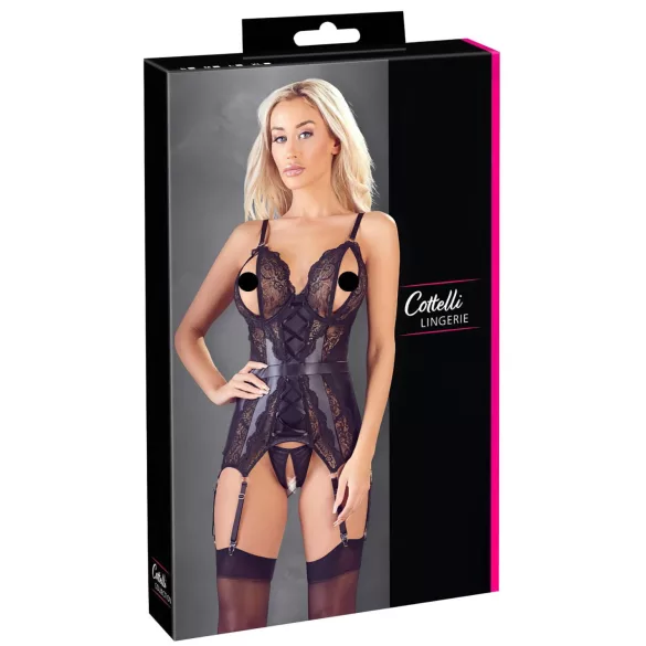 Cottelli - Čipkasti otvoreni top i tanga (crna) - XL