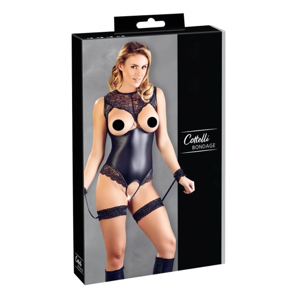 Cottelli Bondage - sjajni otvoreni bodi sa lisicama (crna) - L