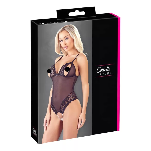 Cottelli - čipkasti body sa biserima i otvorima (crna) - L