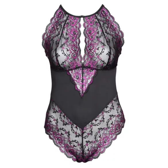 Cottelli Plus Size - cvetni bodi (crno-ljubičasti) - 2XL
