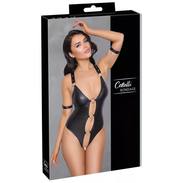 Cottelli Bondage - sjajni, otvoreni bodi sa prstenom (crni) - M
