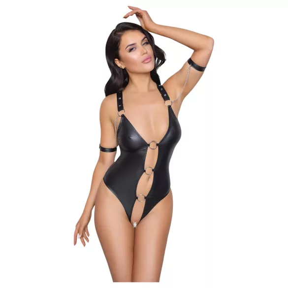 Cottelli Bondage - sjajni, otvoreni bodi sa prstenom (crni) - M