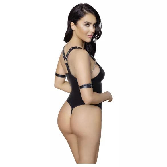 Cottelli Bondage - sjajni, otvoreni bodi sa prstenom (crni) - M