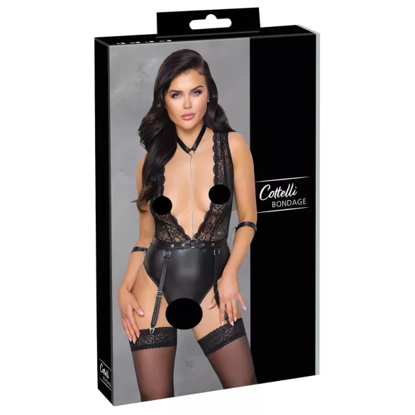 Cottelli Bondage - crni čipkasti body sa okovratnikom - M