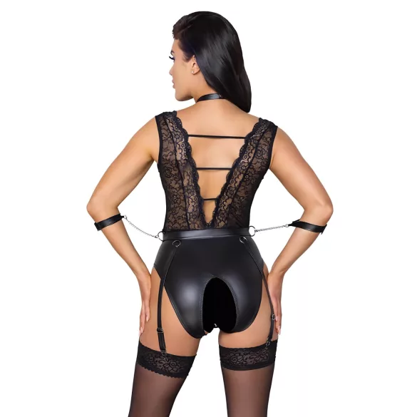 Cottelli Bondage - crni čipkasti body sa okovratnikom - M