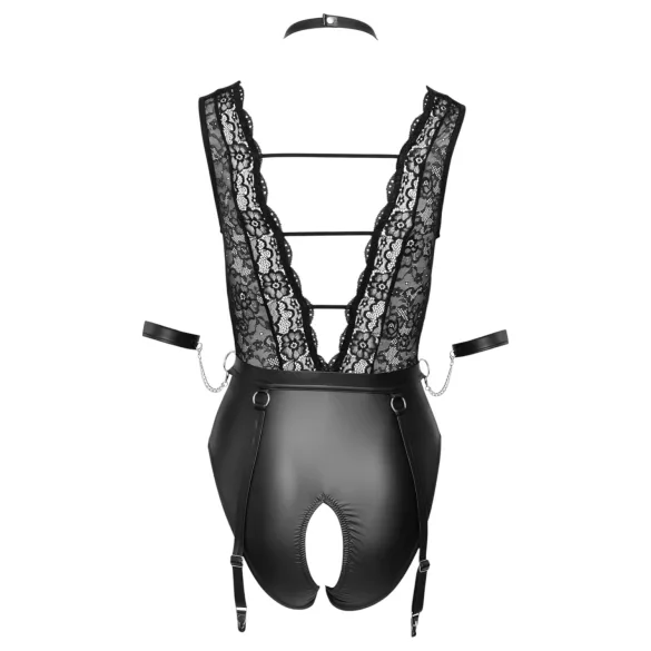 Cottelli Bondage - crni čipkasti body sa okovratnikom - M
