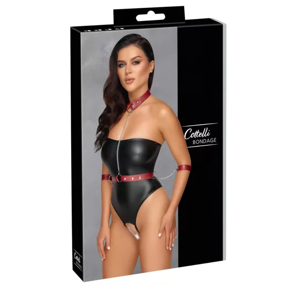 Cottelli Bondage - sjajni bodi i lisice za ruke (crne) - L