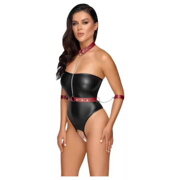 Cottelli Bondage - sjajni bodi i lisice za ruke (crne) - L