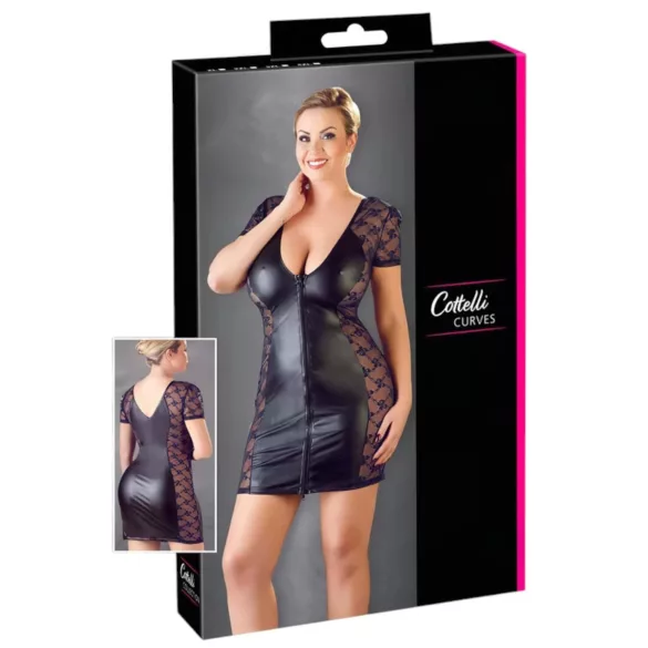 Cottelli Plus Size - crna čipkasta haljina sa mašnom