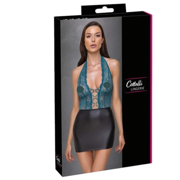 Cottelli - sjajna haljina sa čipkom i vezicama (crno-zelena) - M