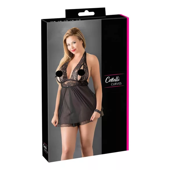 Cottelli Plus Size - lepršava čipkasta babydoll haljina (crna)