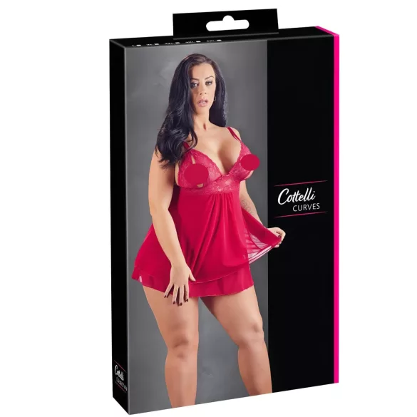 Cottelli Plus Size - čipkasta lepršava babydoll haljina (crvena) - 3XL