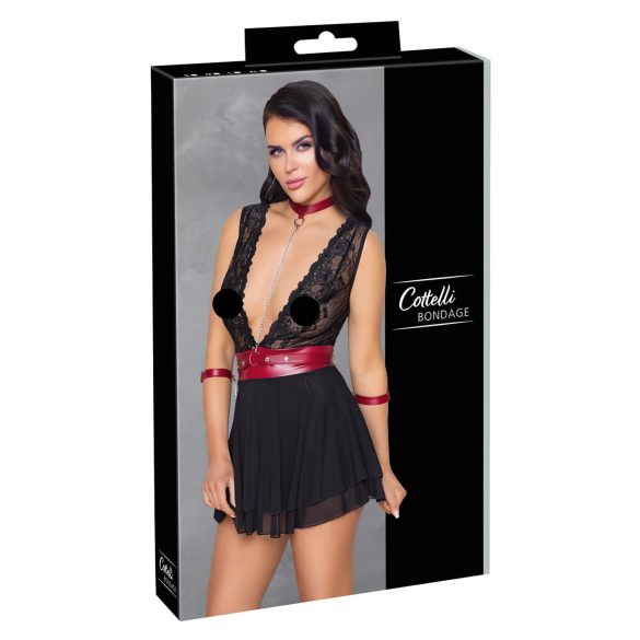 Cottelli Bondage - crna čipkasta babydoll haljina s okovratnikom - M