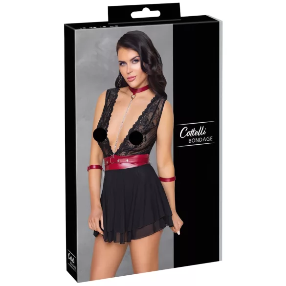 Cottelli Bondage - crna čipkasta babydoll haljina s okovratnikom - M