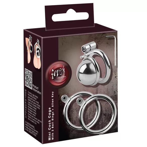 Fetish Collection - mini kavez za penis sa 3 zamenljiva prstena za testise (srebrni)