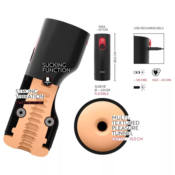 WYNE 07 - punjenje, vibrirajući-sisajući masturbator (crni)