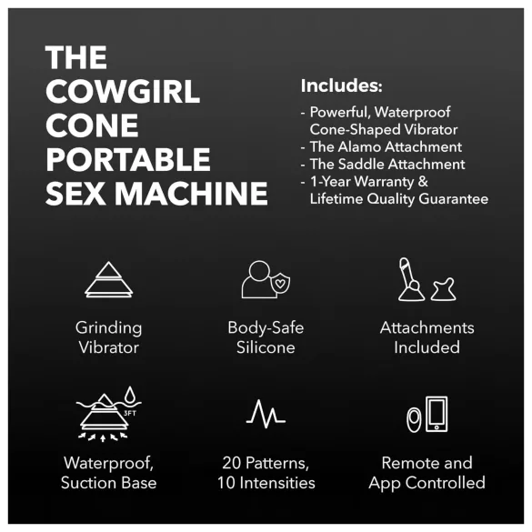 The Cowgirl Cone - premijumska seks mašina upravljana aplikacijom - sa 2 zamenljiva nastavka, 20 režima vibracije (crna)
