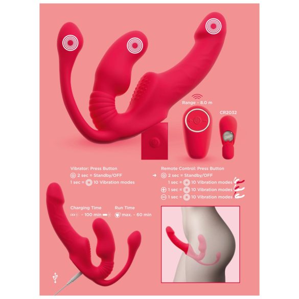 You2Toys Strapless - kaiš bez naramenica, trokraki vibrator (roze)