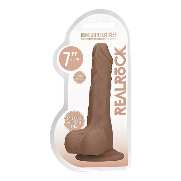 RealRock Dong 7 - prirodan dildo sa testisima (17cm) - tamna prirodna boja