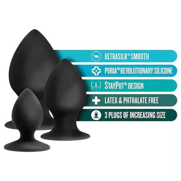 Analne Avanture Platinum Stout - set analnih čepova - 3 kom (crna)
