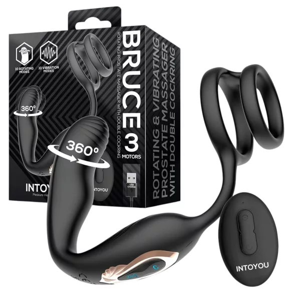 IntoYou Bruce - rotirajući prostatni vibrator sa daljinskim upravljačem i dvostrukim prstenom (crni)