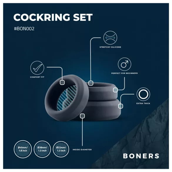 Boners - Silikonski set prstenova za penis - 3 kom (sivo)