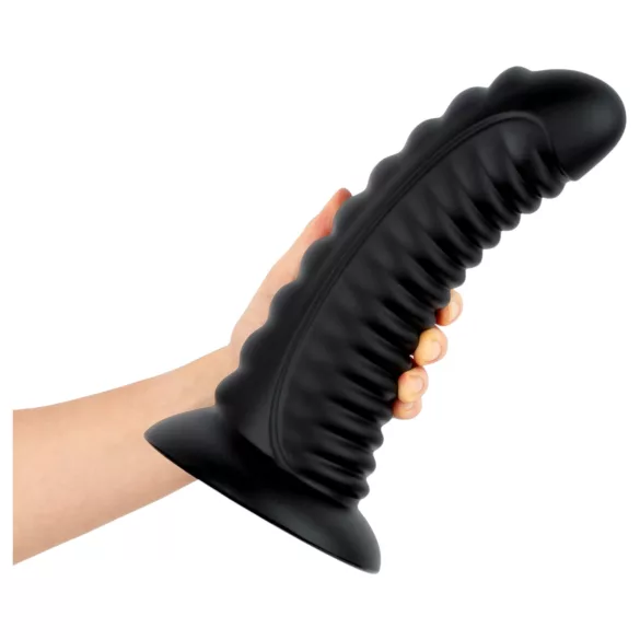 BUTTR Double Ribbed - veliki rebrasti analni čep (crni) - 26 cm